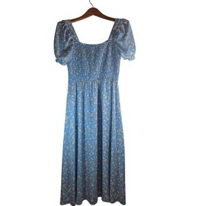 Hesperus Blue Floral Puff Sleeve Smocked Midi Dress Womens Large Daisy Print